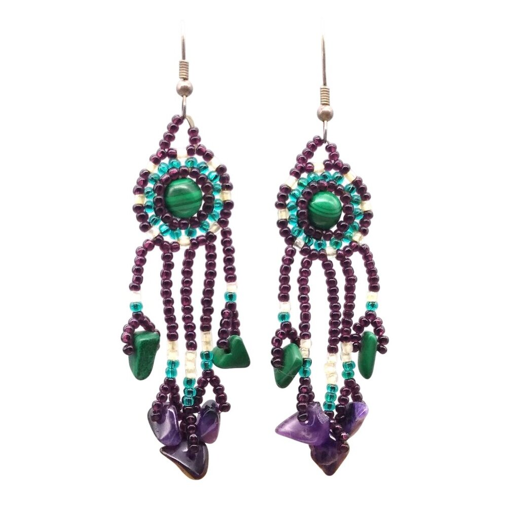 Vintage Gemstone Beaded Dangle Earrings, Native Style, Purple Amethyst, Green